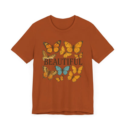 T-Shirt - 'BEAUTIFUL' Yellow Butterfly Design Short Sleeve Tee