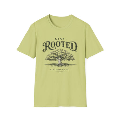 Stay Rooted Tree T-Shirt — Colossians 2:7 Scripture Tee